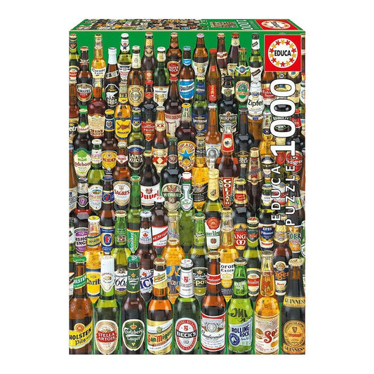 Educa Beers 1000-piece puzzle featuring beer bottles; ideal for a relaxing evening challenge.