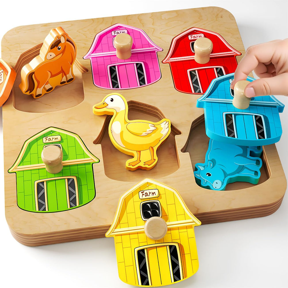 EDUJOY wooden farm peg puzzle front view with inviting knobs.