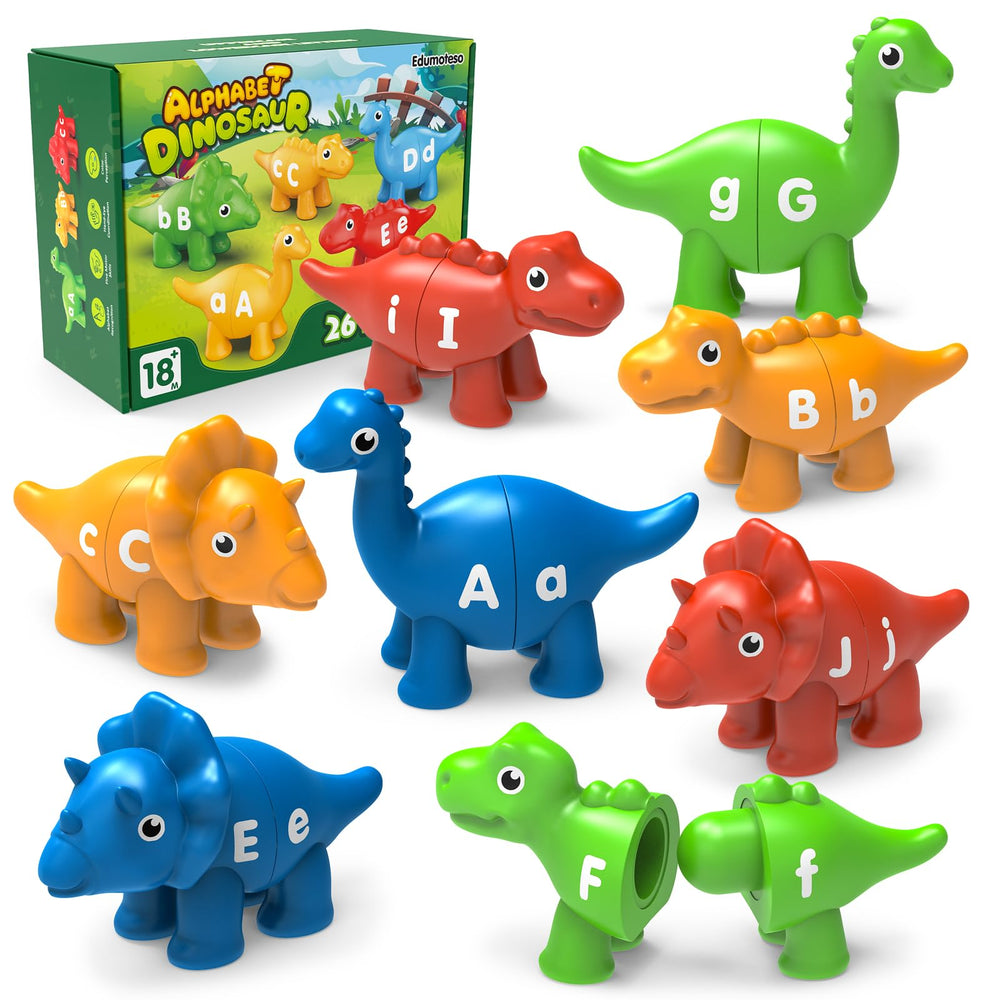 Edumoteso dinosaur alphabet match shows uppercase and lowercase pairing to boost early literacy.