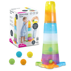 Edushape Stack & Drop Tower: bright cups for color recognition and hands-on play.