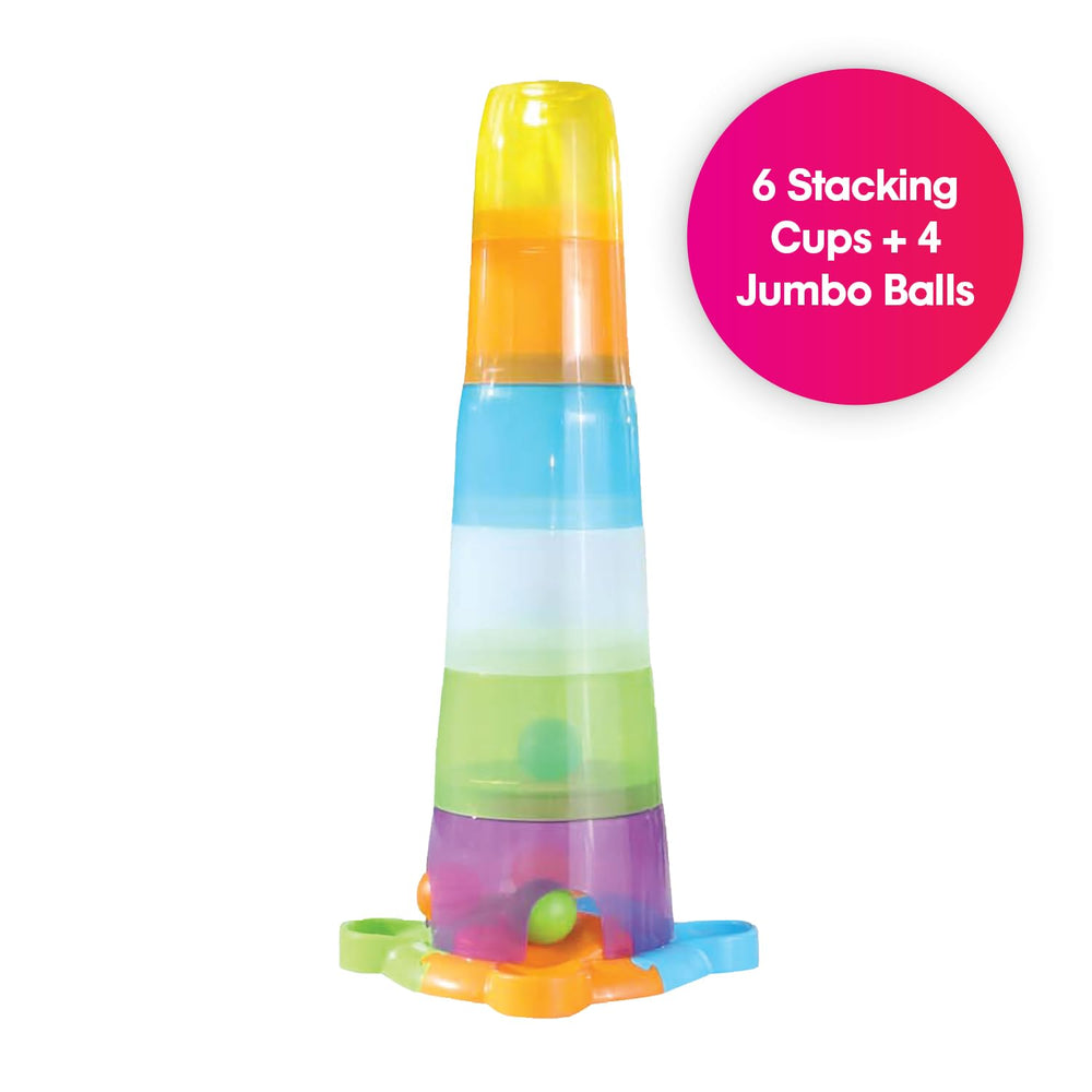 Edushape Stack & Drop Tower: stacked cups demonstrate early logic through building sequences.