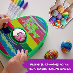 The Eggmazing markers provide quick-drying color for vibrant designs.