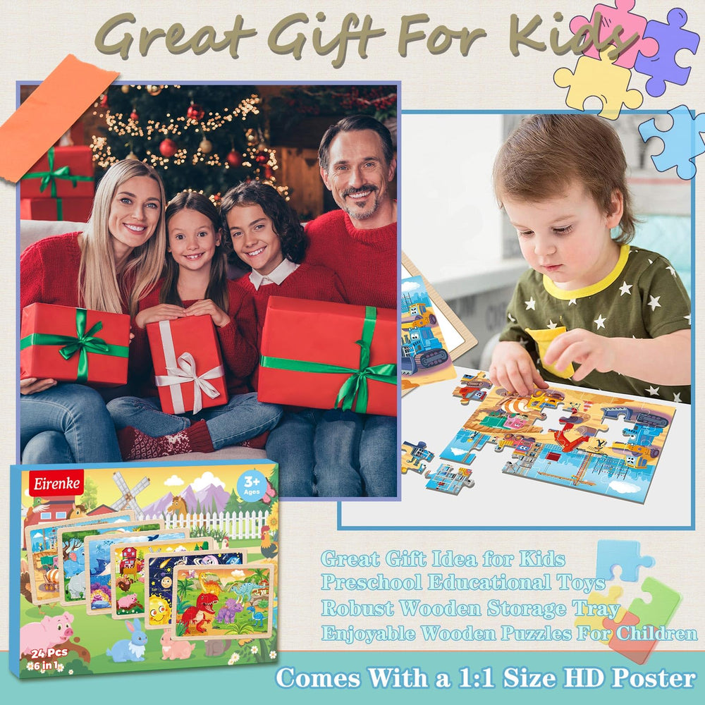 Kids enjoy quiet, focused play with Eirenke wooden puzzles of various themes