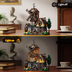 EITOLNR wood cabin building set waterwheel by pond demonstrates kinetic motion.