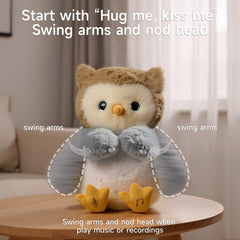 e Jog Pup Owl soft plush fabric for gentle baby touch.
