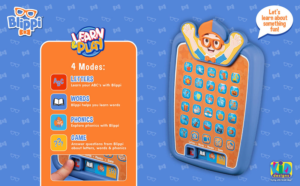 ekids Blippi tablet light-up buttons for engaging interactive learning.