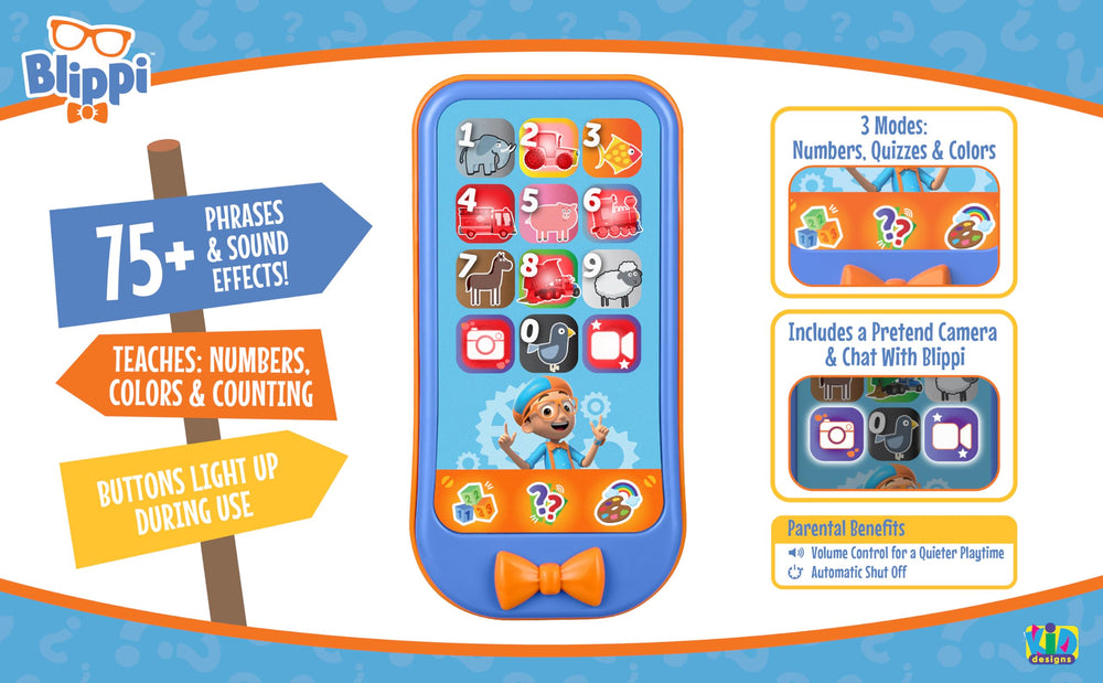 eKids Blippi toy phone numbers-quizzes-colors mode supports early math and color recognition