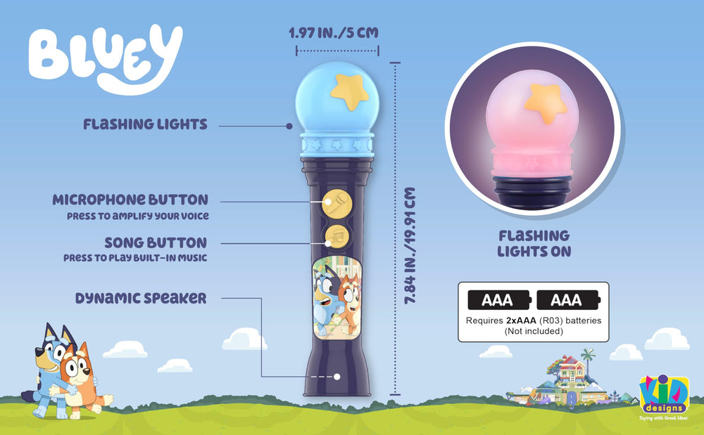 eKids Bluey Microphone Toy includes flashing lights to heighten excitement.