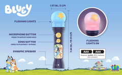 eKids Bluey Microphone Toy includes flashing lights to heighten excitement.