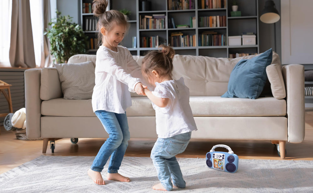ekids Bluey Toy Music Player in game mode with dancer-friendly mode animation