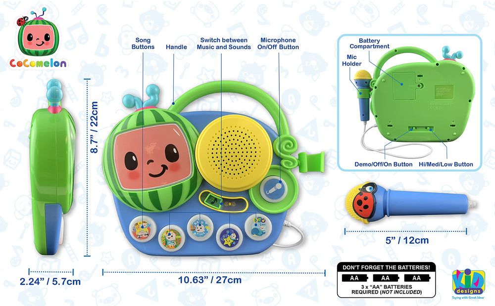 ekids Cocomelon singalong boombox packaging is gift-ready and colorful.