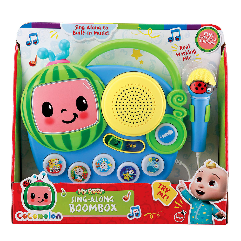 ekids Cocomelon singalong boombox portable design supports play anywhere.