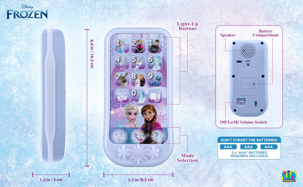 eKids Disney Frozen toy phone in use while toddlers interact with games.