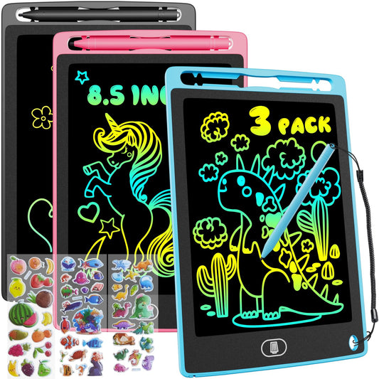 Electight three-pack LCD tablets in black, blue, and pink for shared learning