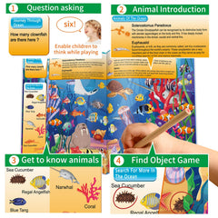 Elfew ocean scene page showing sea creatures to spot and learn