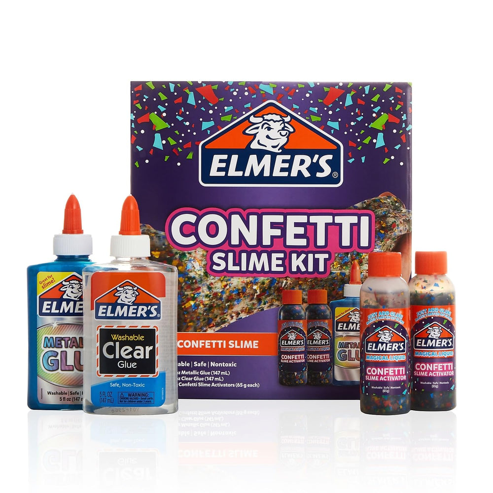 Elmer's Confetti Slime Kit metallic blue glue bottle ready for colorful slime fun