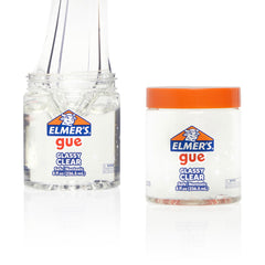 Elmer's Gue premade glassy clear slime bottle, ready for instant play and add-ins.
