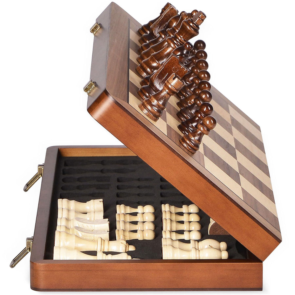 ELONGDI 15-inch wooden chess board closed for compact travel.