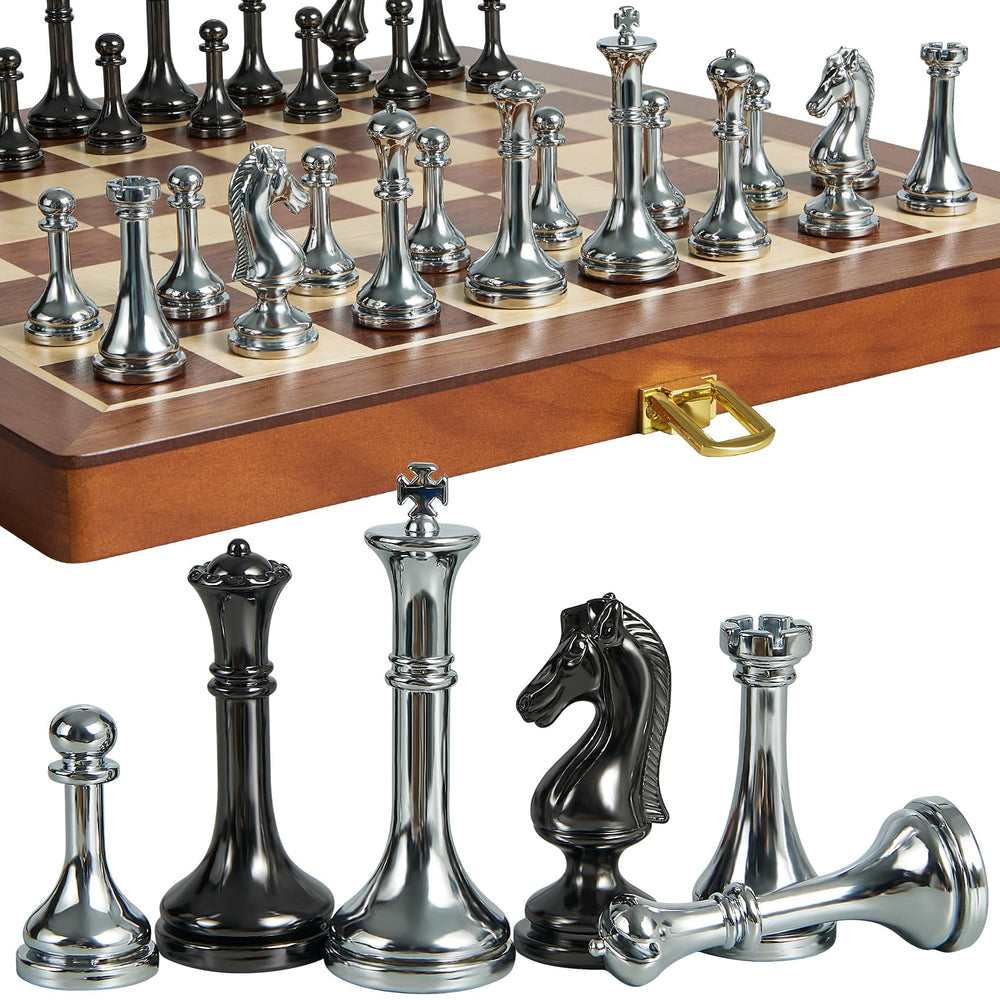 ELONGDI metal chess pieces 2.5-inch close-up for travel-ready play and premium feel.