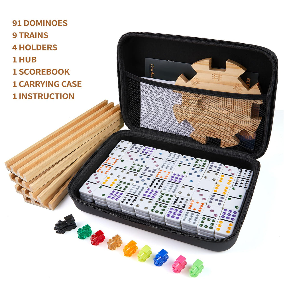 ELONGDI Mexican Train dominoes set wooden hub centers the layout for easy play
