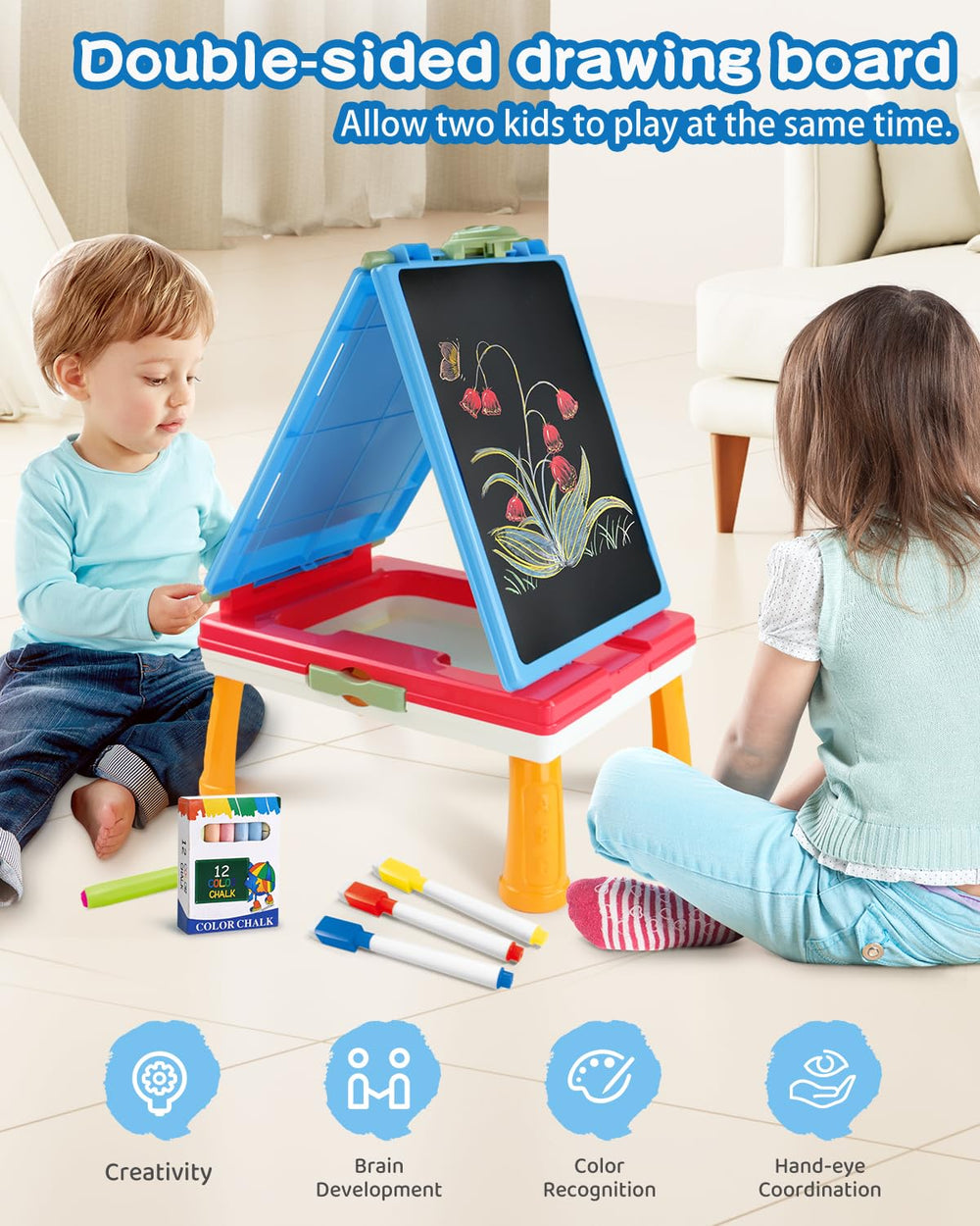Vibrant blue color enhances a playful learning corner