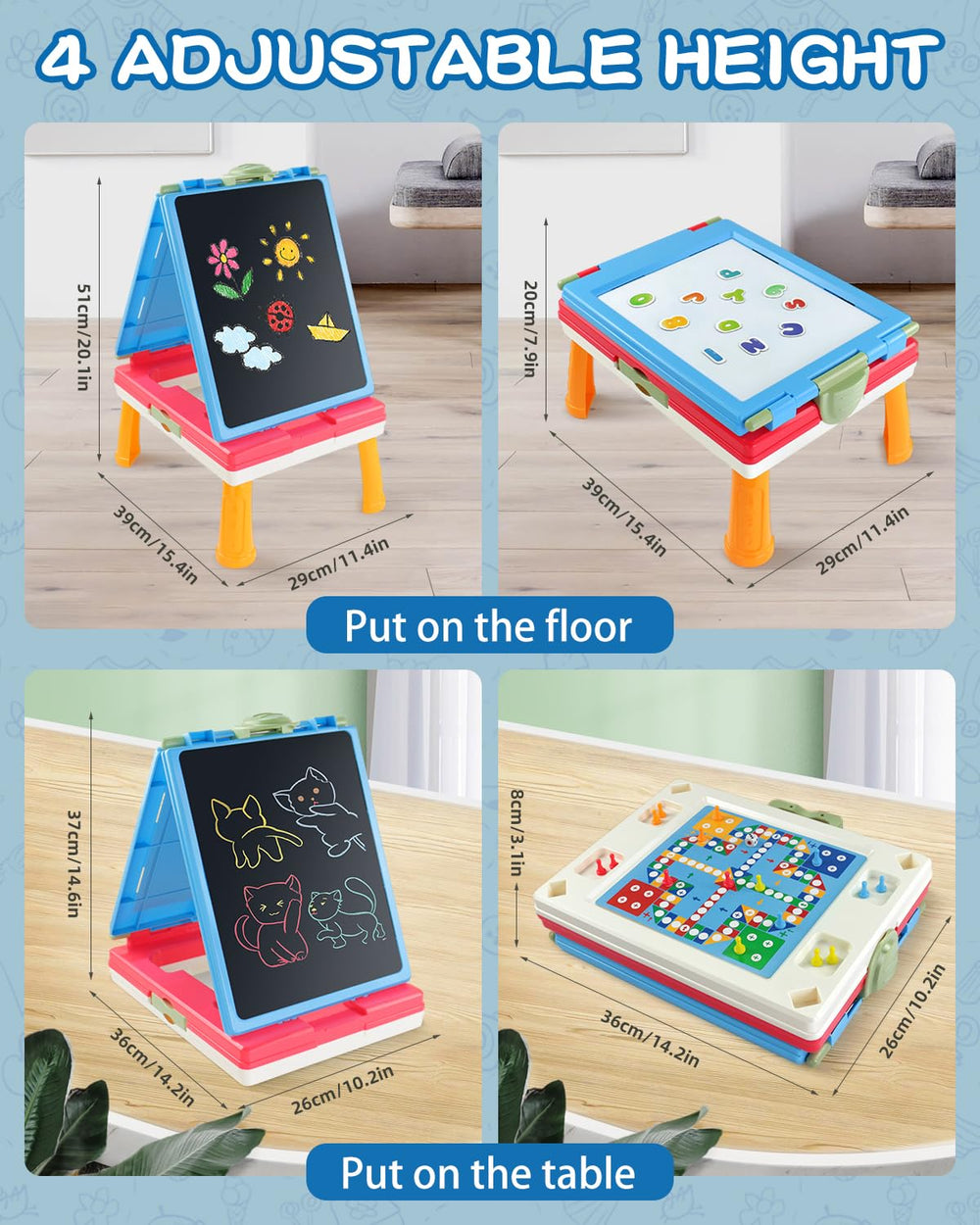 Elovien easel features chalkboard and magnetic whiteboard for varied learning activities
