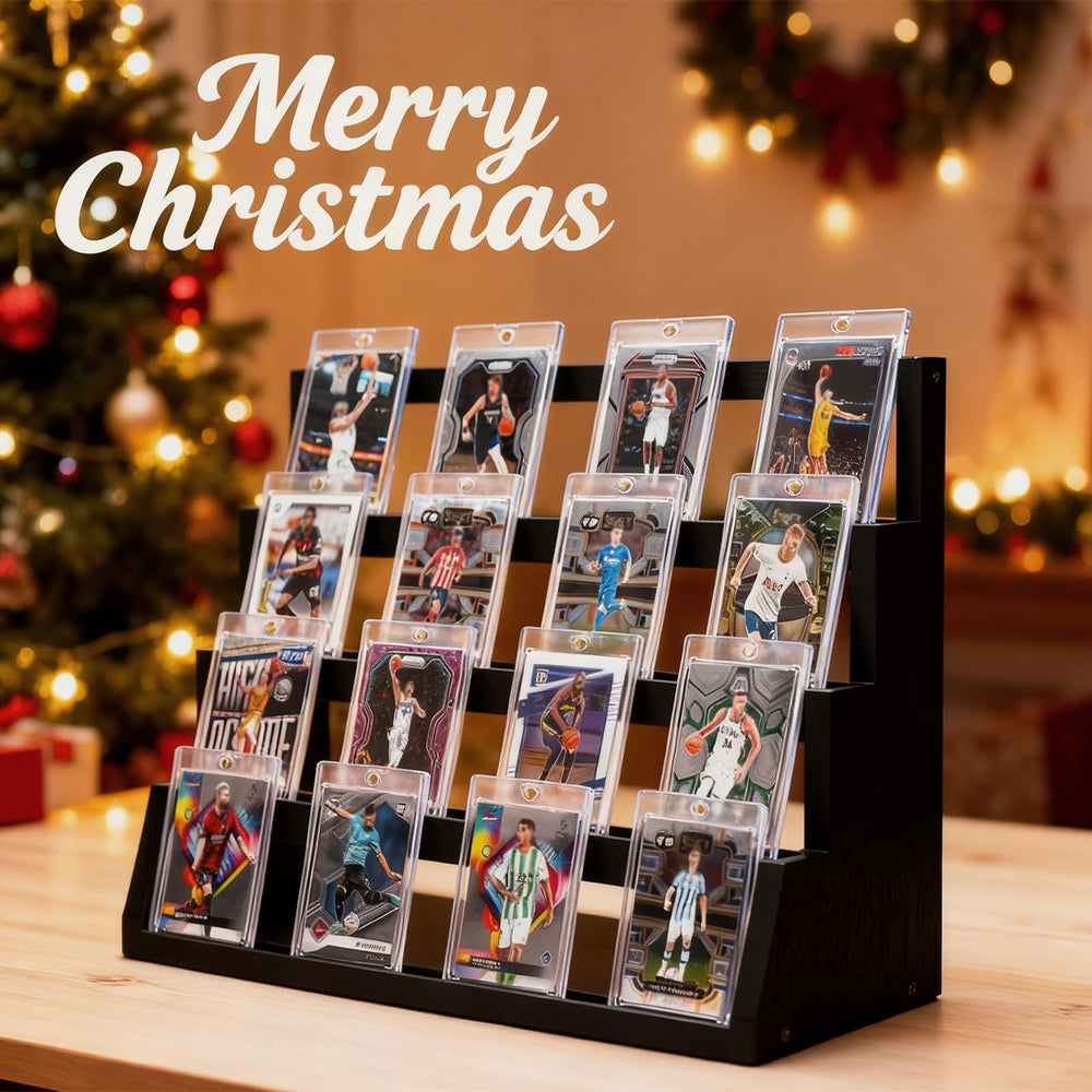 Emfogo wooden trading card display showing rustic texture and organization