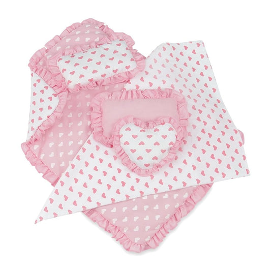 Emily Rose 18-inch doll bedding with pink heart comforter for cozy playtime.