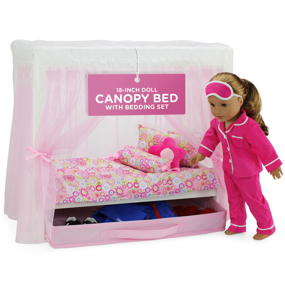 Emily Rose 18in doll canopy bed with white wood for imaginative play