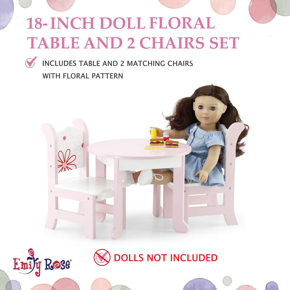 Emily Rose floral dining chairs for 18-inch dolls, supports imaginative meals.