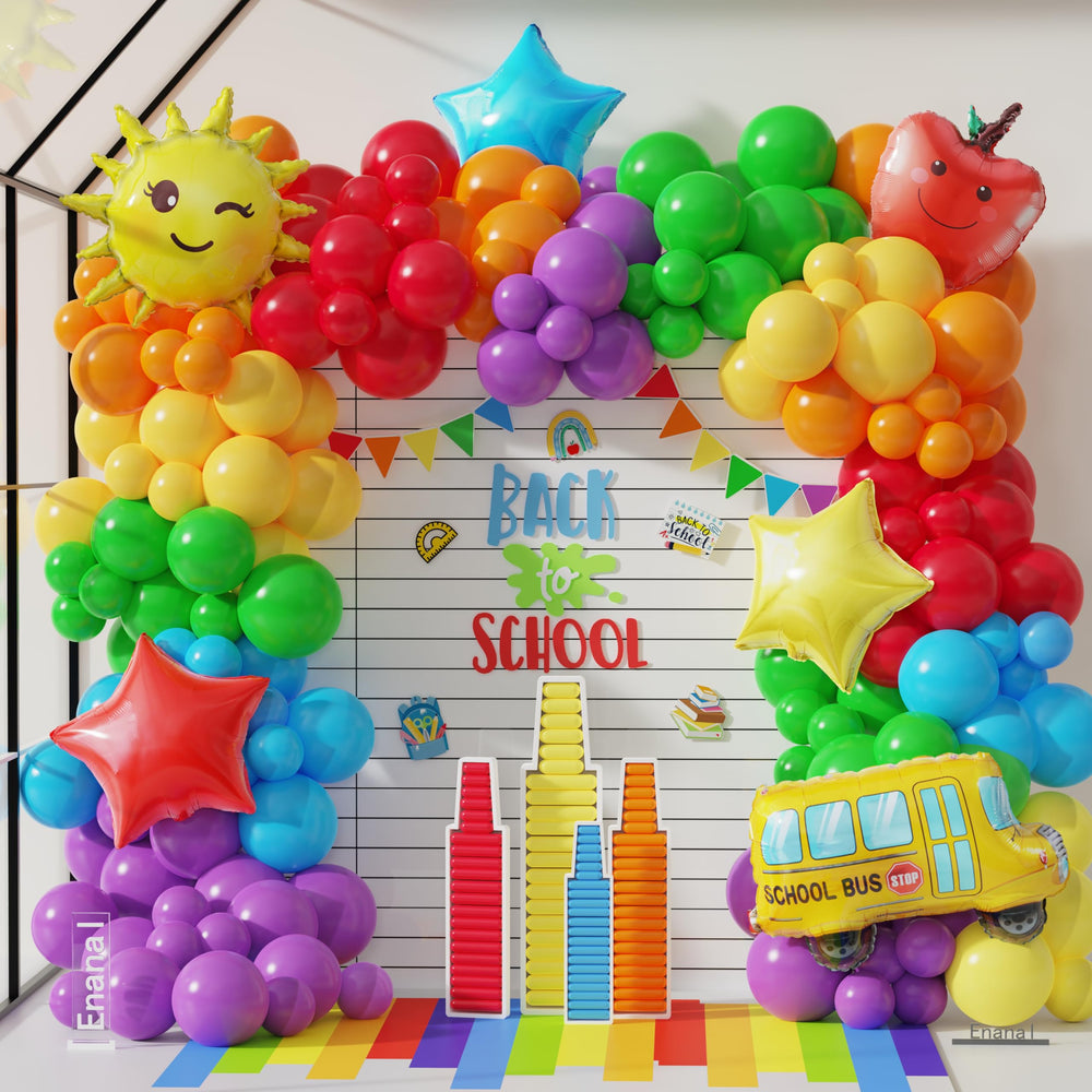 Enanal back-to-school arch kit displays vibrant rainbow colors for festive classroom decor