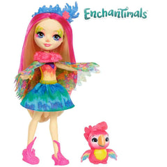 Peeki Parrot doll wearing blue-green removable skirt for colorful dress-up fun