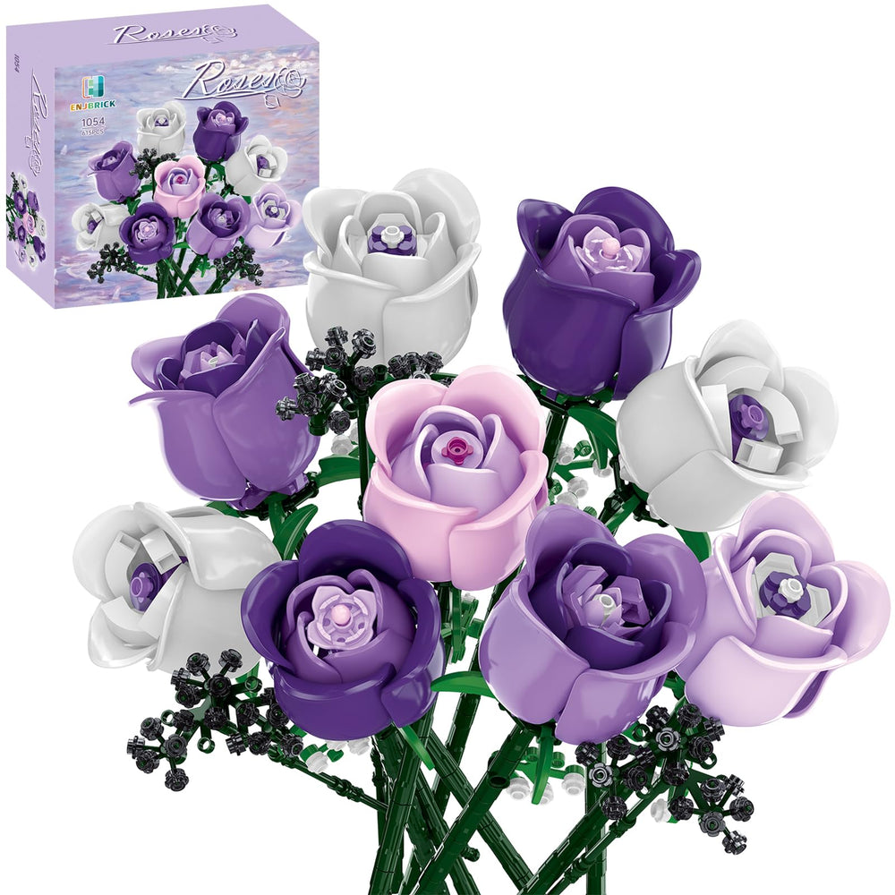 ENJBRICK rose bouquet build kit showing pink roses and baby's breath for stylish home décor.