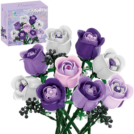 ENJBRICK rose bouquet build kit showing pink roses and baby's breath for stylish home dΓ©cor.