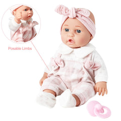 Enjoyin pink clothes on the doll supports cozy dressing and nurturing play.