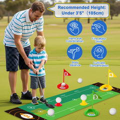 Enjoyjoy mini golf mat, tees, and targets for quick setup.