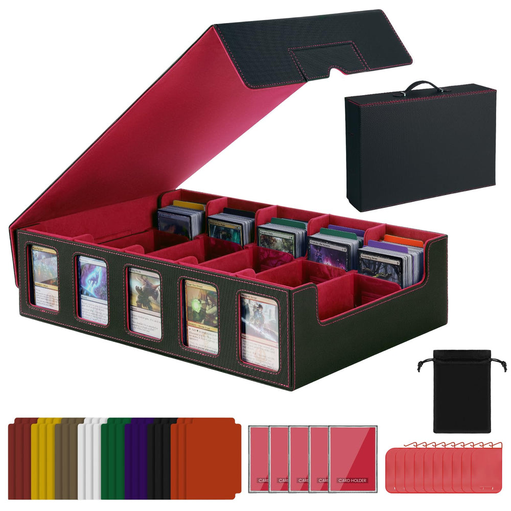 Enrichovo red trading card storage box with handle, portable protection for MTG and Yu-Gi-Oh! cards.
