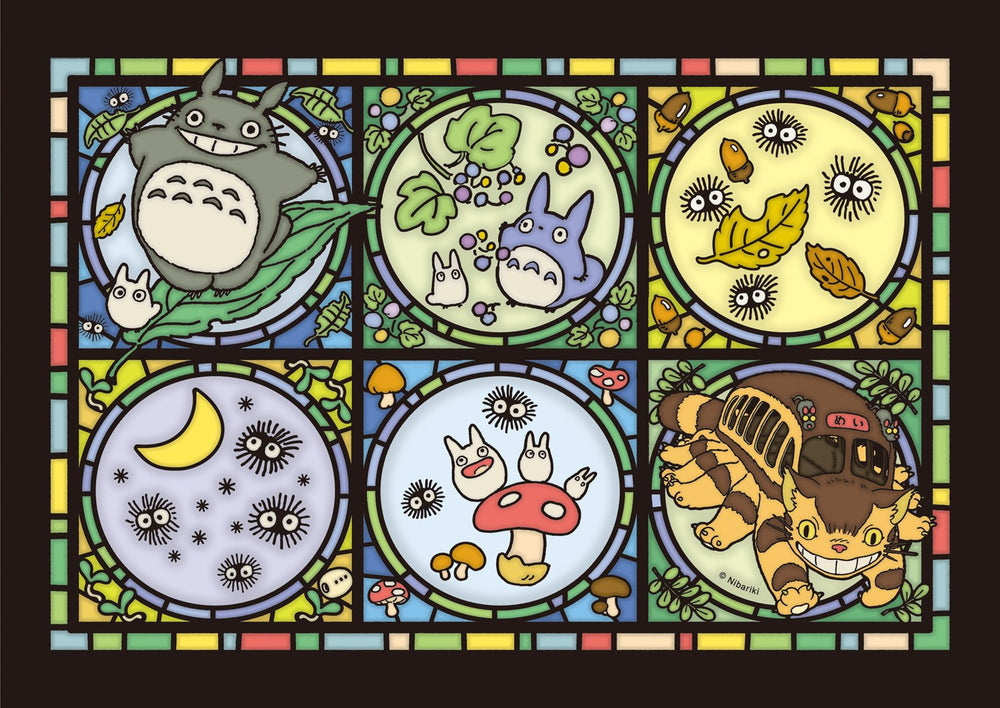 Ensky Totoro stained-glass puzzle image featuring Catbus and friends for luminous display.