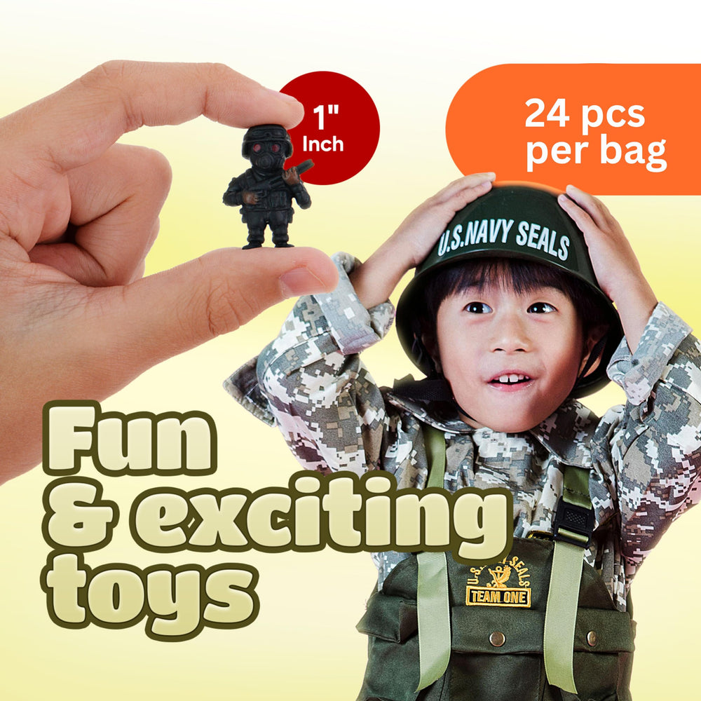 Entervending army-men in varied poses inspire cooperative play and strategy
