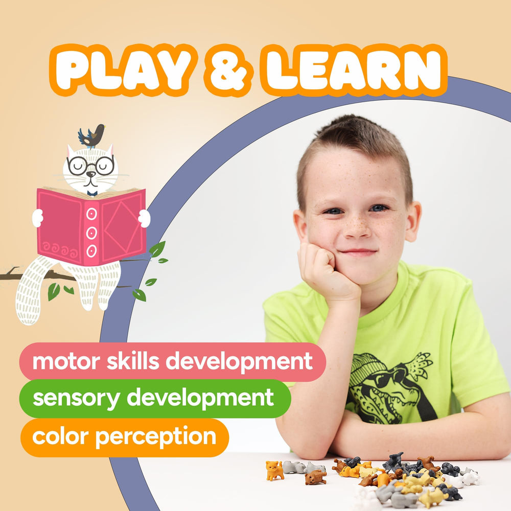 Entervending dog and cat figures classroom prize display—fun rewards for learners.