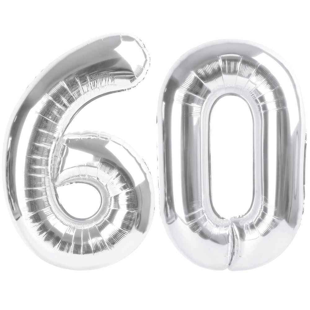 Enyeopd Number 60 balloon 40-inch silver front view for milestone celebrations.