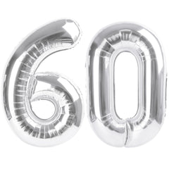 Enyeopd Number 60 balloon 40-inch silver front view for milestone celebrations.