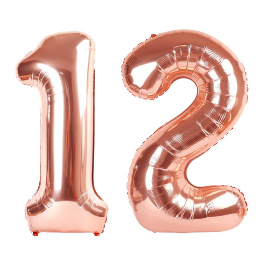 Enyeopd rose gold 12-number balloons create a dramatic birthday centerpiece.