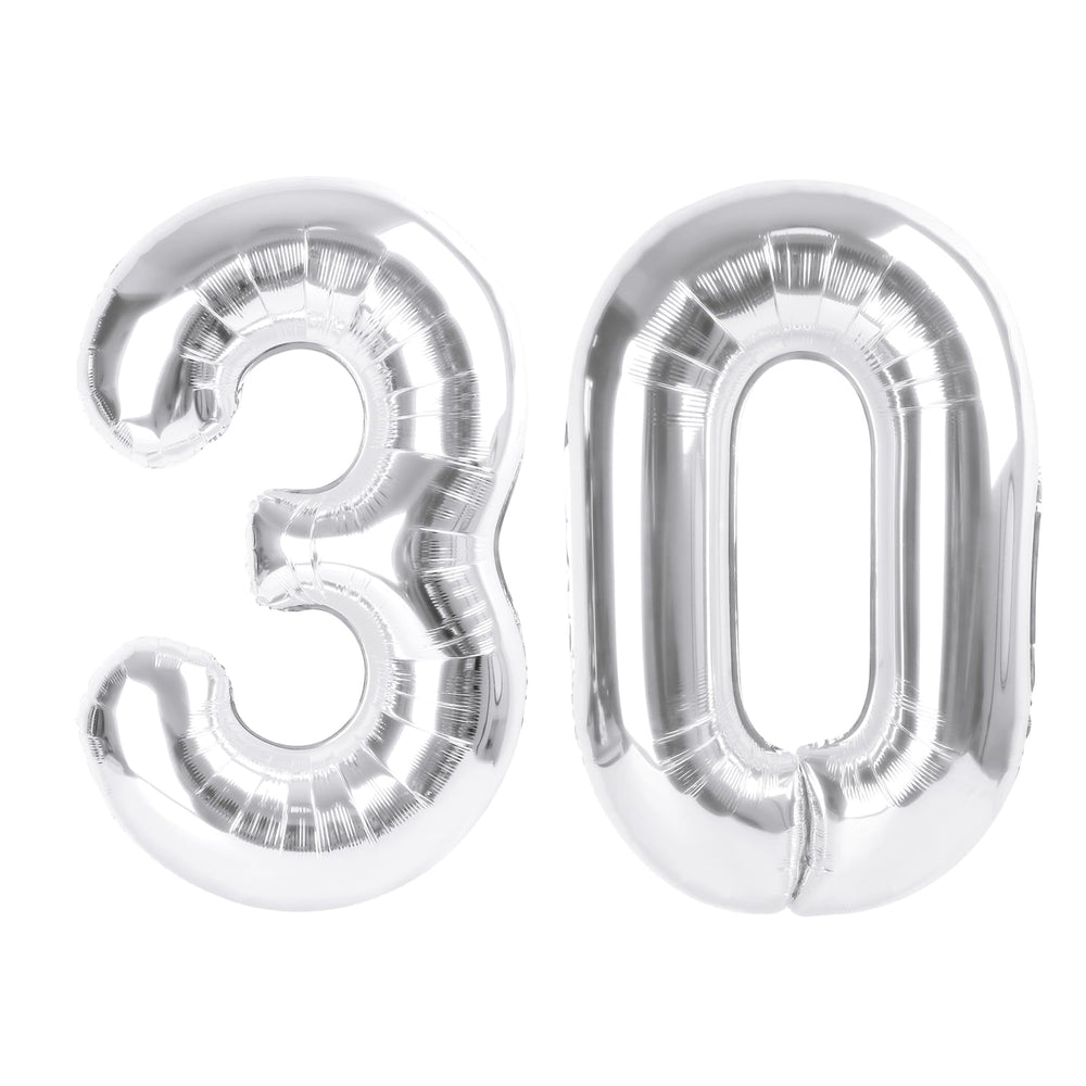 Enyeopd silver number 30 balloon, 40-inch centerpiece for milestone birthday decor.