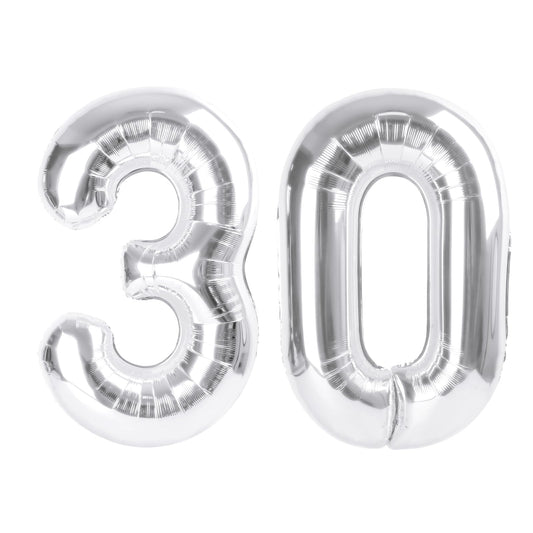 Enyeopd silver number 30 balloon, 40-inch centerpiece for milestone birthday decor.