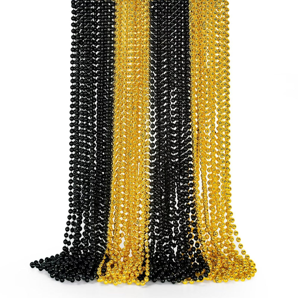 EOBOH 24pcs New Years Eve bead necklaces in black and gold for festive throws and parades