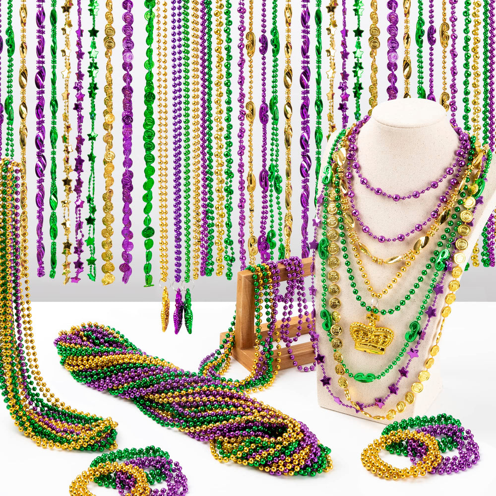 EOBOH metallic Mardi Gras beads close-up showing durable plastic