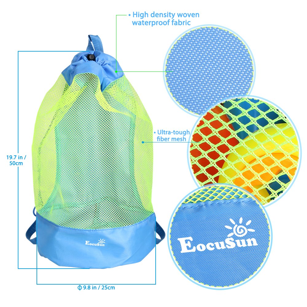 EocuSun large mesh tote blue side view demonstrates sand-free quick access