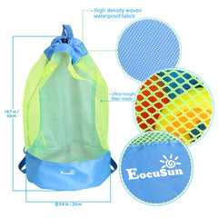 EocuSun large mesh tote blue side view demonstrates sand-free quick access