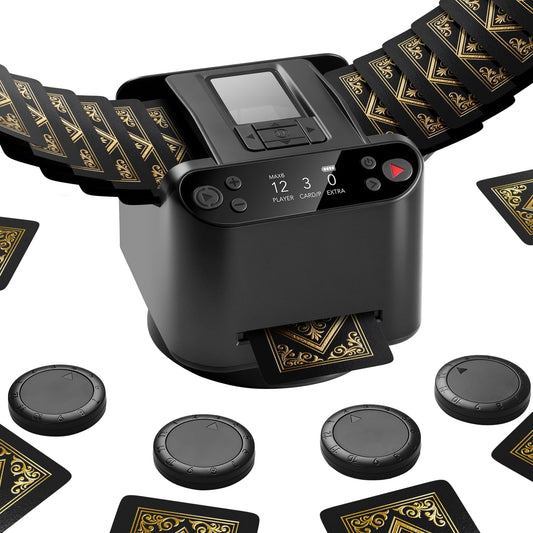 Eolzzi Black Pro shuffler front view delivers rapid hands-free card dealing.